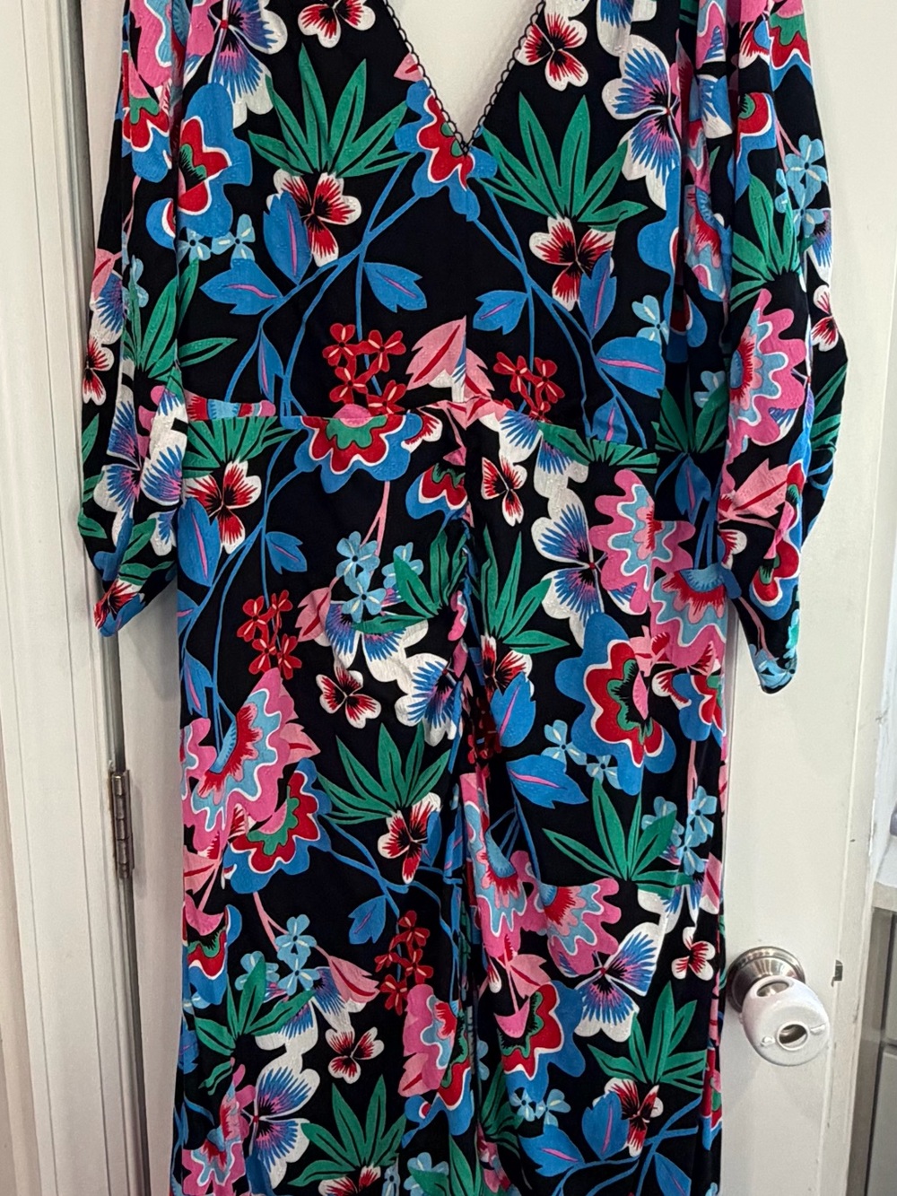 Anthropologie Black Floral V-Neck Dress with Pink, Blue & Green Accents size 20